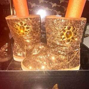 Sparkling Gold Sequin Boots with Gem Detail Leopard Print by Joan Boyce